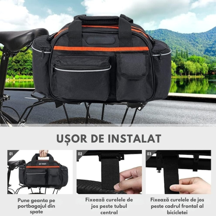 Geanta de portbagaj pentru bicicleta VarioShop®, spatioasa, impermeabila, cu compartimente multiple, montare pe portbagaj, curea de umar si elemente reflectorizante, 15 L, 40 x 21.5 x 18 cm, Negru [3]