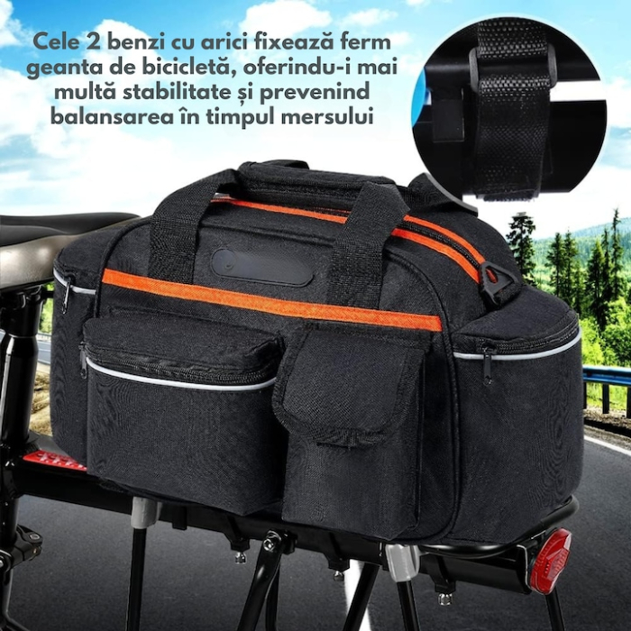 Geanta de portbagaj pentru bicicleta VarioShop®, spatioasa, impermeabila, cu compartimente multiple, montare pe portbagaj, curea de umar si elemente reflectorizante, 15 L, 40 x 21.5 x 18 cm, Negru [2]