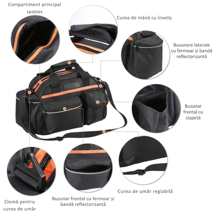 Geanta de portbagaj pentru bicicleta VarioShop®, spatioasa, impermeabila, cu compartimente multiple, montare pe portbagaj, curea de umar si elemente reflectorizante, 15 L, 40 x 21.5 x 18 cm, Negru [6]