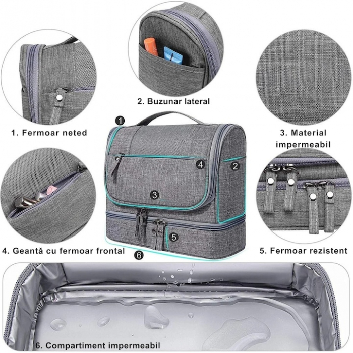 Geanta de toaleta suspendabila VarioShop®, material impermeabil, maner ergonomic, carlig, 11 compartimente, portabila, 25 x 20 x 14.5 cm, Gri [4]