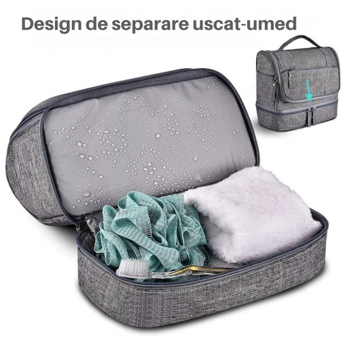 Geanta de toaleta suspendabila VarioShop®, material impermeabil, maner ergonomic, carlig, 11 compartimente, portabila, 25 x 20 x 14.5 cm, Gri [6]