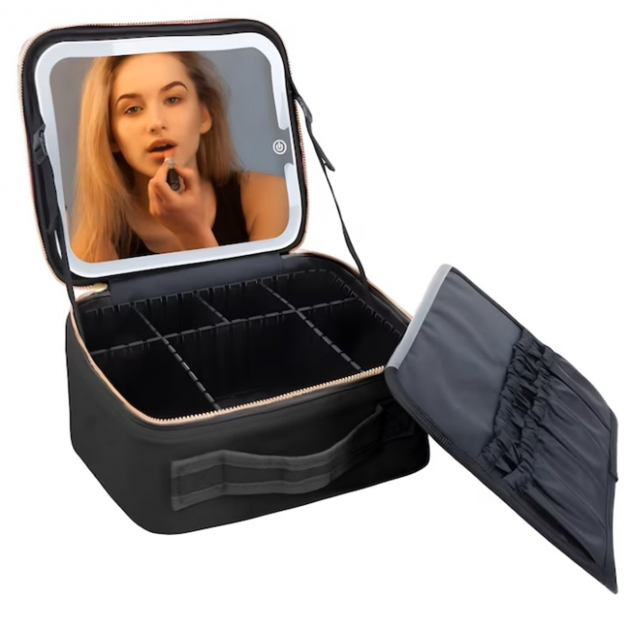 Geanta de Voiaj pentru Cosmetice VarioShop®, cu Oglinda pentru Make-up Iluminata cu Tehnologie LED, Husa pentru Pensule de Machiaj, Compartimente Reglabile, Dimensiuni 26 x 23 x 11 cm, Negru [12]