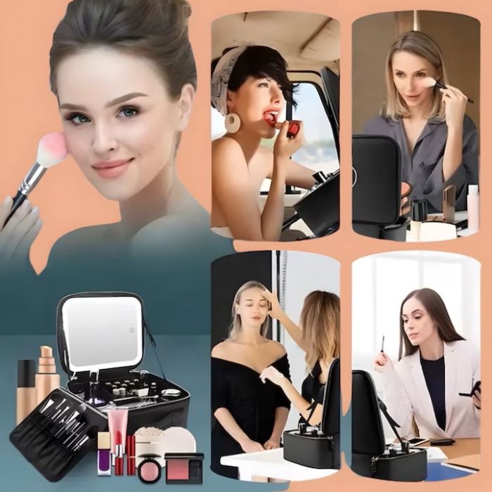 Geanta de Voiaj pentru Cosmetice VarioShop®, cu Oglinda pentru Make-up Iluminata cu Tehnologie LED, Husa pentru Pensule de Machiaj, Compartimente Reglabile, Dimensiuni 26 x 23 x 11 cm, Negru [14]