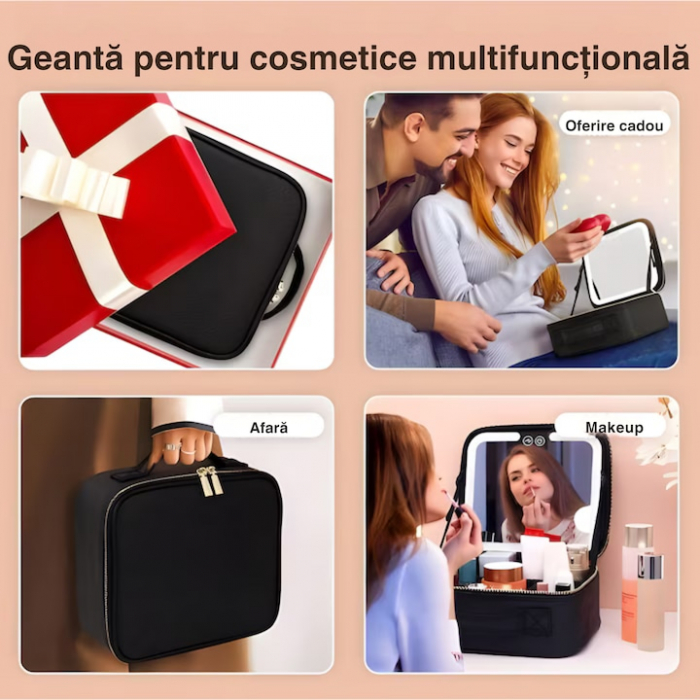 Geanta de Voiaj pentru Cosmetice VarioShop®, cu Oglinda pentru Make-up Iluminata cu Tehnologie LED, Husa pentru Pensule de Machiaj, Compartimente Reglabile, Dimensiuni 26 x 23 x 11 cm, Negru [6]