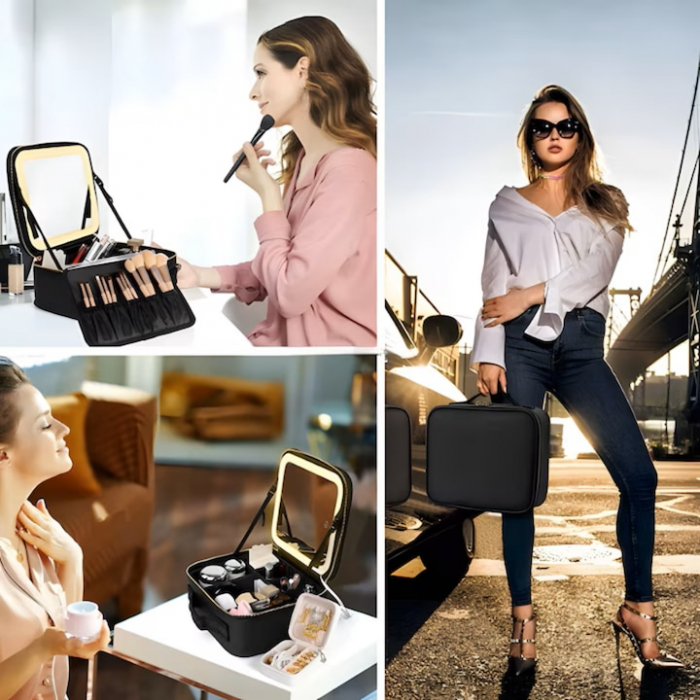 Geanta de Voiaj pentru Cosmetice VarioShop®, cu Oglinda pentru Make-up Iluminata cu Tehnologie LED, Husa pentru Pensule de Machiaj, Compartimente Reglabile, Dimensiuni 26 x 23 x 11 cm, Negru [7]
