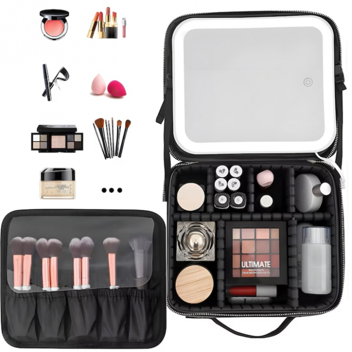 Geanta de Voiaj pentru Cosmetice VarioShop®, cu Oglinda pentru Make-up Iluminata cu Tehnologie LED, Husa pentru Pensule de Machiaj, Compartimente Reglabile, Dimensiuni 26 x 23 x 11 cm, Negru [3]