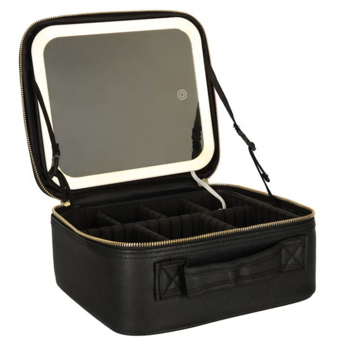 Geanta de Voiaj pentru Cosmetice VarioShop®, cu Oglinda pentru Make-up Iluminata cu Tehnologie LED, Husa pentru Pensule de Machiaj, Compartimente Reglabile, Dimensiuni 26 x 23 x 11 cm, Negru [9]