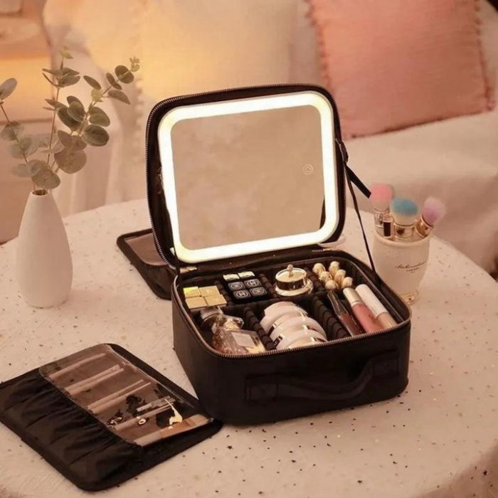 Geanta de Voiaj pentru Cosmetice VarioShop®, cu Oglinda pentru Make-up Iluminata cu Tehnologie LED, Husa pentru Pensule de Machiaj, Compartimente Reglabile, Dimensiuni 26 x 23 x 11 cm, Negru [5]