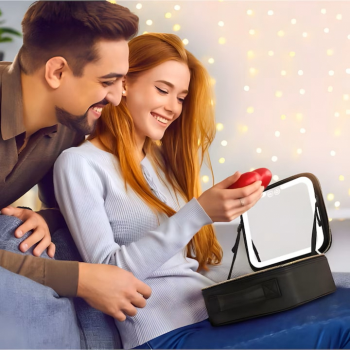 Geanta de Voiaj pentru Cosmetice VarioShop®, cu Oglinda pentru Make-up Iluminata cu Tehnologie LED, Husa pentru Pensule de Machiaj, Compartimente Reglabile, Dimensiuni 26 x 23 x 11 cm, Negru [13]