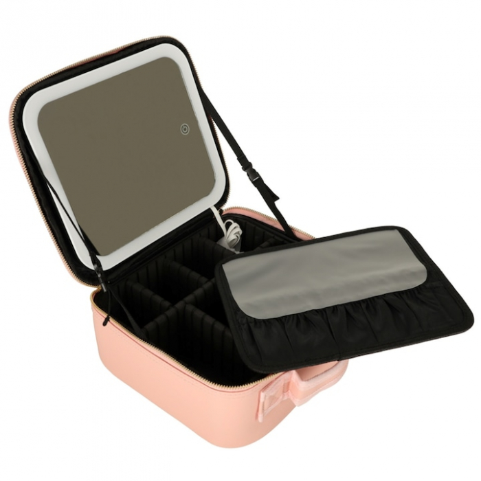 Geanta de voiaj pentru cosmetice VarioShop®, cu oglinda pentru make-up iluminata cu tehnologie LED si o extra-oglinda pentru detalii mici, compartimente reglabile, dimensiuni 26 x 23 x 11 cm, roz [16]