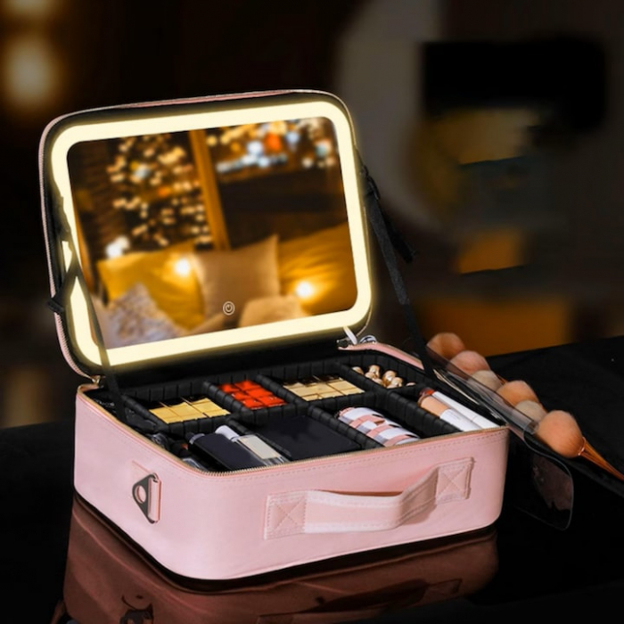 Geanta de voiaj pentru cosmetice VarioShop®, cu oglinda pentru make-up iluminata cu tehnologie LED si o extra-oglinda pentru detalii mici, compartimente reglabile, dimensiuni 26 x 23 x 11 cm, roz [4]