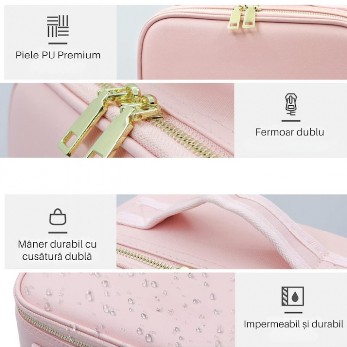 Geanta de voiaj pentru cosmetice VarioShop®, cu oglinda pentru make-up iluminata cu tehnologie LED si o extra-oglinda pentru detalii mici, compartimente reglabile, dimensiuni 26 x 23 x 11 cm, roz [3]