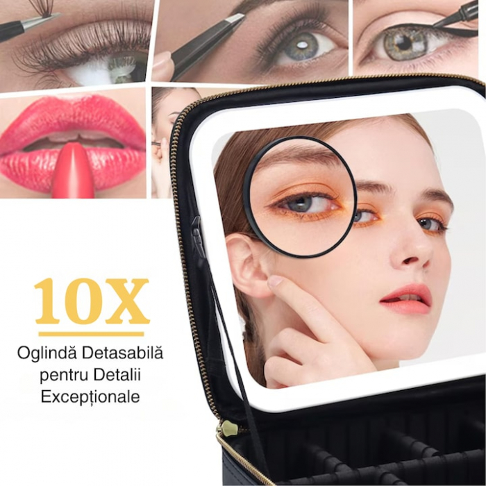 Geanta de voiaj pentru cosmetice VarioShop®, cu oglinda pentru make-up iluminata cu tehnologie LED si o extra-oglinda pentru detalii mici, compartimente reglabile, dimensiuni 26 x 23 x 11 cm, roz [11]