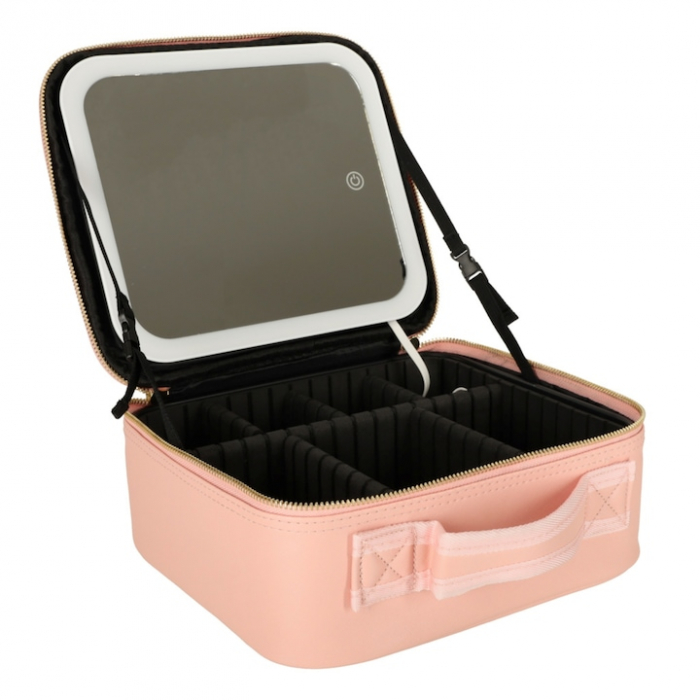 Geanta de voiaj pentru cosmetice VarioShop®, cu oglinda pentru make-up iluminata cu tehnologie LED si o extra-oglinda pentru detalii mici, compartimente reglabile, dimensiuni 26 x 23 x 11 cm, roz [14]