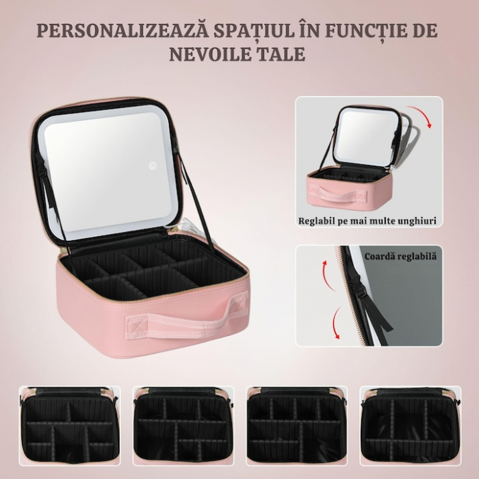 Geanta de voiaj pentru cosmetice VarioShop®, cu oglinda pentru make-up iluminata cu tehnologie LED si o extra-oglinda pentru detalii mici, compartimente reglabile, dimensiuni 26 x 23 x 11 cm, roz [5]