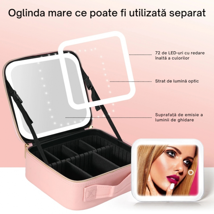 Geanta de voiaj pentru cosmetice VarioShop®, cu oglinda pentru make-up iluminata cu tehnologie LED si o extra-oglinda pentru detalii mici, compartimente reglabile, dimensiuni 26 x 23 x 11 cm, roz [7]