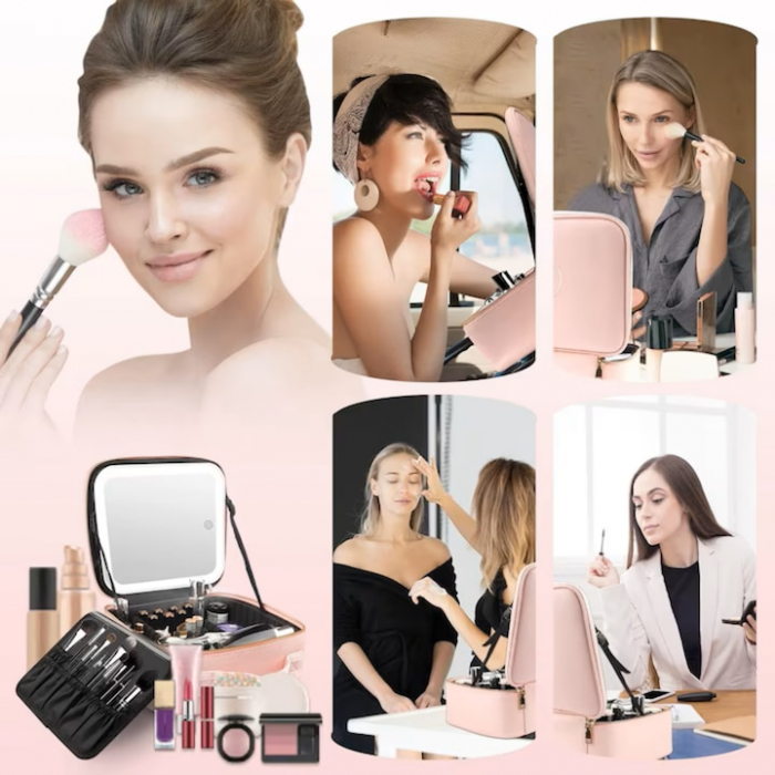 Geanta de voiaj pentru cosmetice VarioShop®, cu oglinda pentru make-up iluminata cu tehnologie LED si o extra-oglinda pentru detalii mici, compartimente reglabile, dimensiuni 26 x 23 x 11 cm, roz [10]