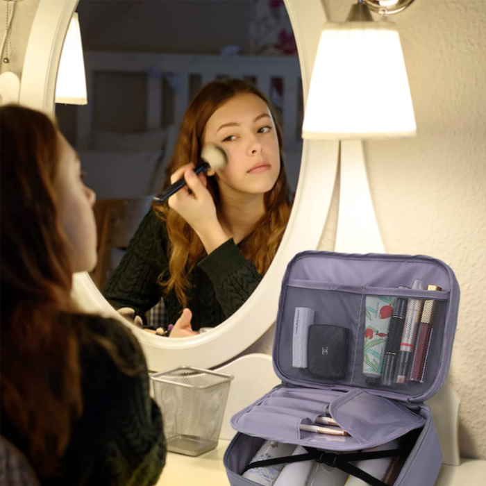 Geanta organizare cosmetice pentru calatorie VarioShop®, cu fermoar dublu, maner, compartiment detasabil, 20 x 17 x 8 cm, Grii [3]