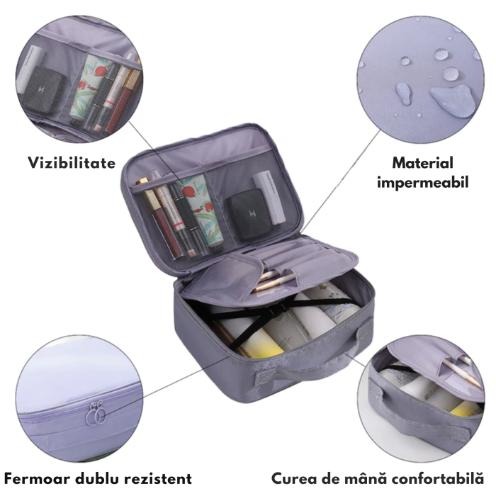 Geanta organizare cosmetice pentru calatorie VarioShop®, cu fermoar dublu, maner, compartiment detasabil, 20 x 17 x 8 cm, Grii [2]