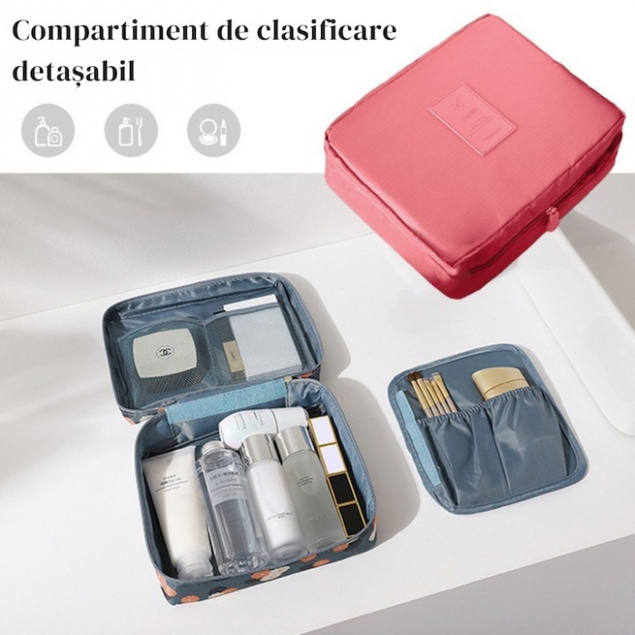 Geanta organizare cosmetice pentru calatorie VarioShop®, cu fermoar dublu, maner, compartiment detasabil, 20 x 17 x 8 cm, Roz [2]