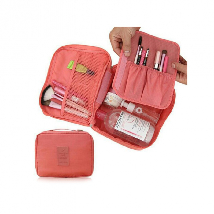 Geanta organizare cosmetice pentru calatorie VarioShop®, cu fermoar dublu, maner, compartiment detasabil, 20 x 17 x 8 cm, Roz [9]