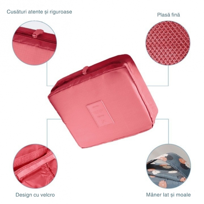 Geanta organizare cosmetice pentru calatorie VarioShop®, cu fermoar dublu, maner, compartiment detasabil, 20 x 17 x 8 cm, Roz [4]