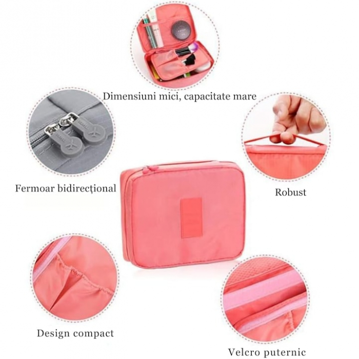 Geanta organizare cosmetice pentru calatorie VarioShop®, cu fermoar dublu, maner, compartiment detasabil, 20 x 17 x 8 cm, Roz [3]