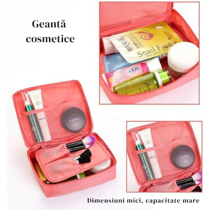 Geanta organizare cosmetice pentru calatorie VarioShop®, cu fermoar dublu, maner, compartiment detasabil, 20 x 17 x 8 cm, Roz [5]
