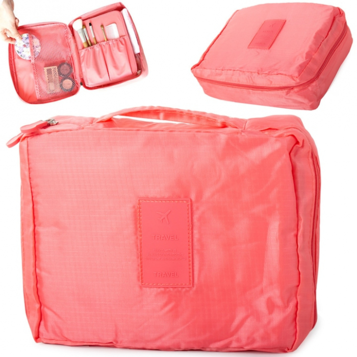 Geanta organizare cosmetice pentru calatorie VarioShop®, cu fermoar dublu, maner, compartiment detasabil, 20 x 17 x 8 cm, Roz [8]