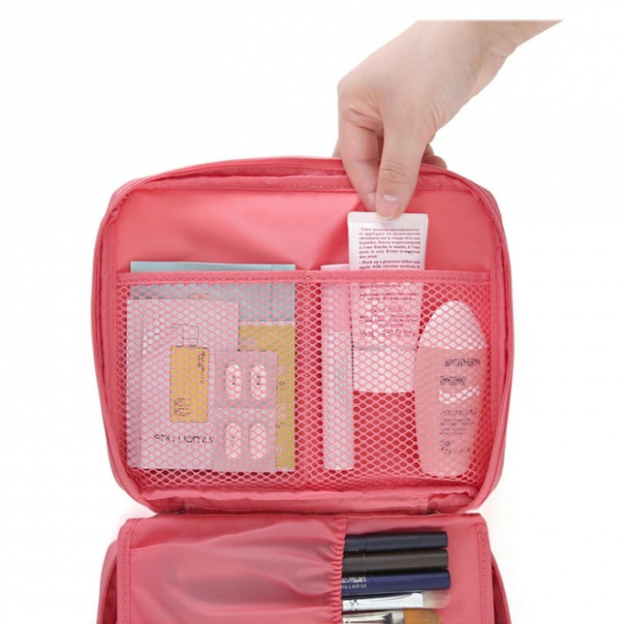 Geanta organizare cosmetice pentru calatorie VarioShop®, cu fermoar dublu, maner, compartiment detasabil, 20 x 17 x 8 cm, Roz [13]