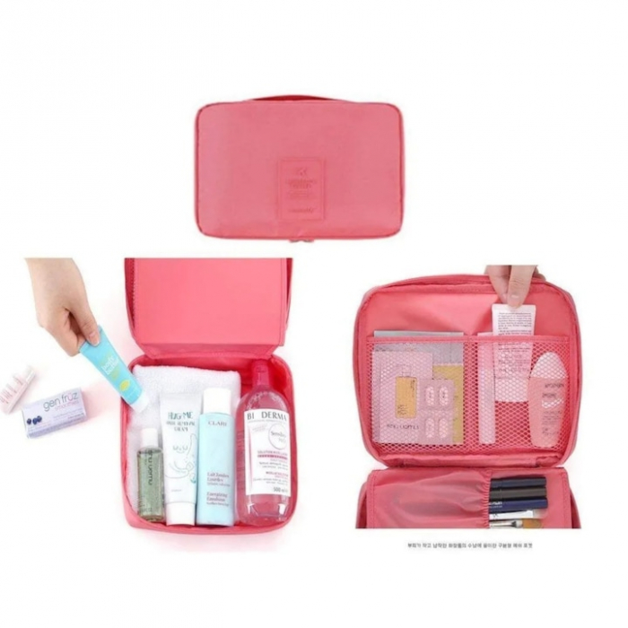 Geanta organizare cosmetice pentru calatorie VarioShop®, cu fermoar dublu, maner, compartiment detasabil, 20 x 17 x 8 cm, Roz [14]
