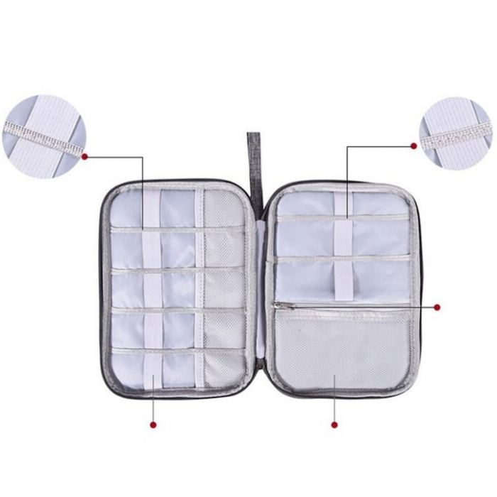 Geanta Organizatoare Accesorii Electronice Voiaj VarioShop ®, pentru Calatorie, Depozitare Cabluri, Carduri de Memorie, Stick, Adaptoare, Curele Elastice, Maner Transport, Impermeabila, 24 x 17 x 3 cm [17]
