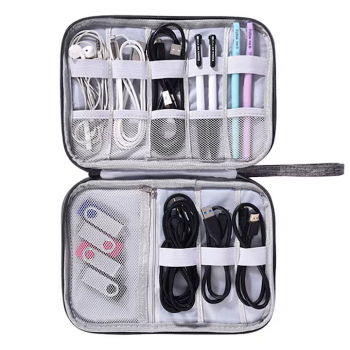 Geanta Organizatoare Accesorii Electronice Voiaj VarioShop ®, pentru Calatorie, Depozitare Cabluri, Carduri de Memorie, Stick, Adaptoare, Curele Elastice, Maner Transport, Impermeabila, 24 x 17 x 3 cm [8]