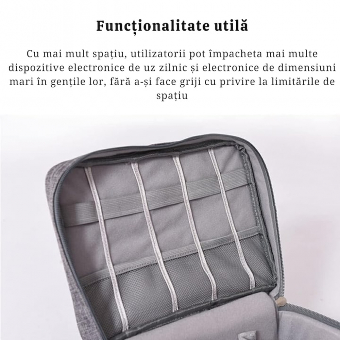 Geanta organizatoare VarioShop®, pentru cabluri si accesorii laptop/telefon/aparat foto, separatoare reglabile, inchidere cu fermoar, pentru calatorii, impermeabila, 25 x 10 x 18.5 cm, Gri [6]