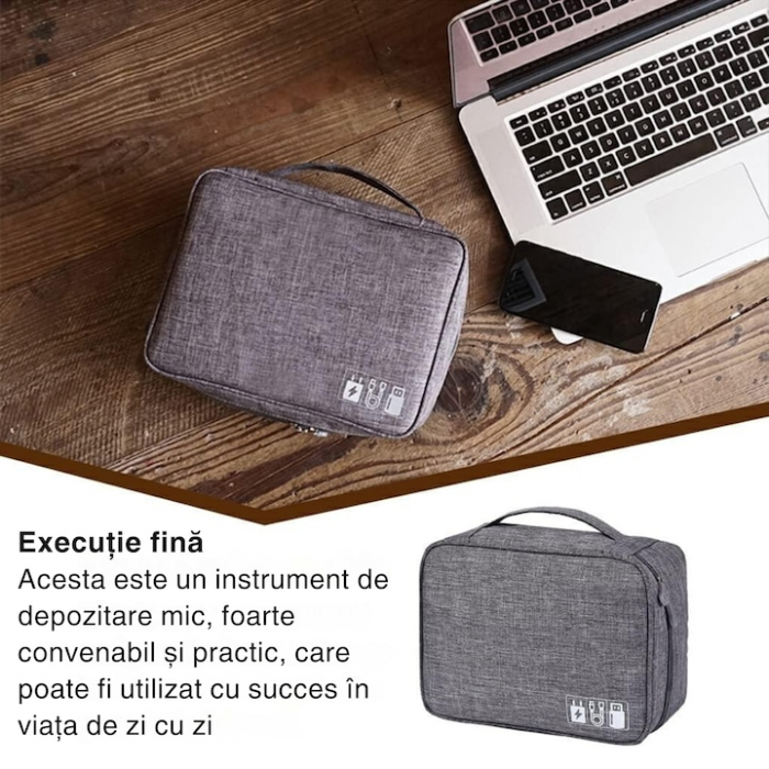 Geanta organizatoare VarioShop®, pentru cabluri si accesorii laptop/telefon/aparat foto, separatoare reglabile, inchidere cu fermoar, pentru calatorii, impermeabila, 25 x 10 x 18.5 cm, Gri [4]