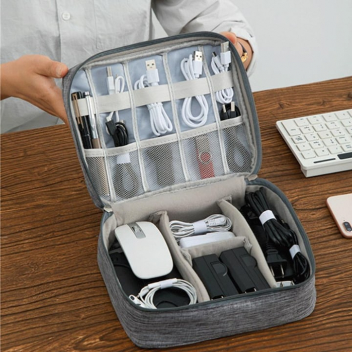 Geanta organizatoare VarioShop®, pentru cabluri si accesorii laptop/telefon/aparat foto, separatoare reglabile, inchidere cu fermoar, pentru calatorii, impermeabila, 25 x 10 x 18.5 cm, Gri [17]