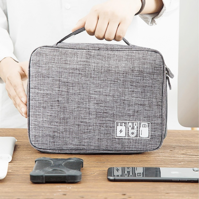 Geanta organizatoare VarioShop®, pentru cabluri si accesorii laptop/telefon/aparat foto, separatoare reglabile, inchidere cu fermoar, pentru calatorii, impermeabila, 25 x 10 x 18.5 cm, Gri [8]