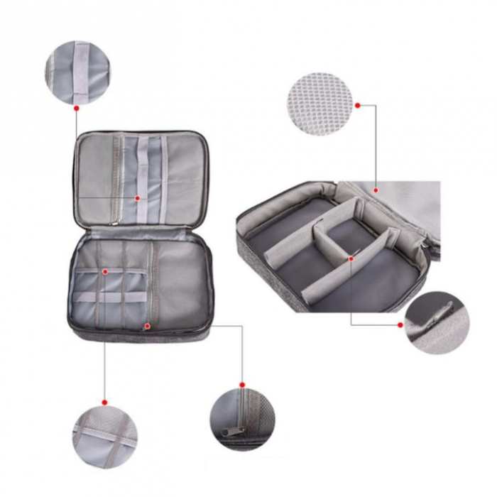 Geanta organizatoare VarioShop®, pentru cabluri si accesorii laptop/telefon/aparat foto, separatoare reglabile, inchidere cu fermoar, pentru calatorii, impermeabila, 25 x 10 x 18.5 cm, Gri [28]
