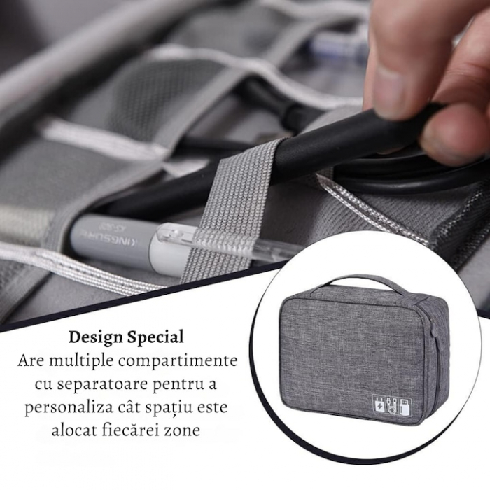 Geanta organizatoare VarioShop®, pentru cabluri si accesorii laptop/telefon/aparat foto, separatoare reglabile, inchidere cu fermoar, pentru calatorii, impermeabila, 25 x 10 x 18.5 cm, Gri [5]