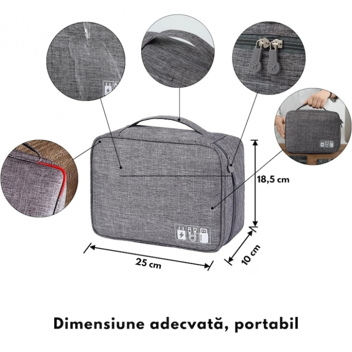 Geanta organizatoare VarioShop®, pentru cabluri si accesorii laptop/telefon/aparat foto, separatoare reglabile, inchidere cu fermoar, pentru calatorii, impermeabila, 25 x 10 x 18.5 cm, Gri [2]