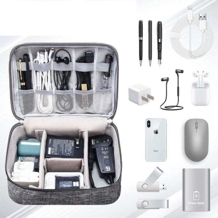 Geanta organizatoare VarioShop®, pentru cabluri si accesorii laptop/telefon/aparat foto, separatoare reglabile, inchidere cu fermoar, pentru calatorii, impermeabila, 25 x 10 x 18.5 cm, Gri [11]