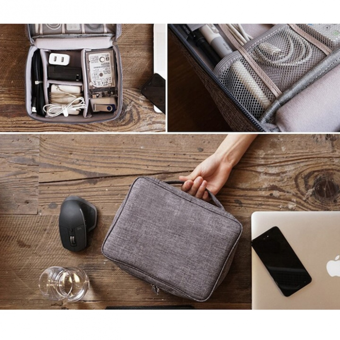 Geanta organizatoare VarioShop®, pentru cabluri si accesorii laptop/telefon/aparat foto, separatoare reglabile, inchidere cu fermoar, pentru calatorii, impermeabila, 25 x 10 x 18.5 cm, Gri [19]