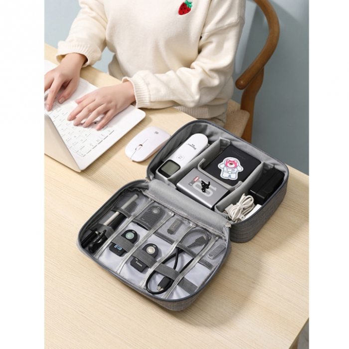 Geanta organizatoare VarioShop®, pentru cabluri si accesorii laptop/telefon/aparat foto, separatoare reglabile, inchidere cu fermoar, pentru calatorii, impermeabila, 25 x 10 x 18.5 cm, Gri [24]