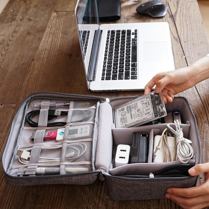 Geanta organizatoare VarioShop®, pentru cabluri si accesorii laptop/telefon/aparat foto, separatoare reglabile, inchidere cu fermoar, pentru calatorii, impermeabila, 25 x 10 x 18.5 cm, Gri [18]