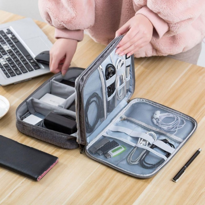 Geanta organizatoare VarioShop®, pentru cabluri si accesorii laptop/telefon/aparat foto, separatoare reglabile, inchidere cu fermoar, pentru calatorii, impermeabila, 25 x 10 x 18.5 cm, Gri [15]