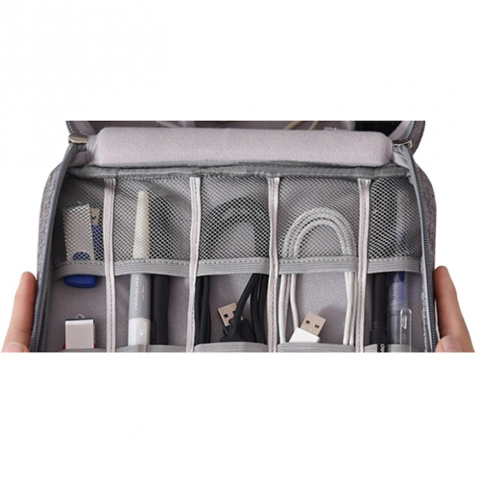 Geanta organizatoare VarioShop®, pentru cabluri si accesorii laptop/telefon/aparat foto, separatoare reglabile, inchidere cu fermoar, pentru calatorii, impermeabila, 25 x 10 x 18.5 cm, Gri [23]
