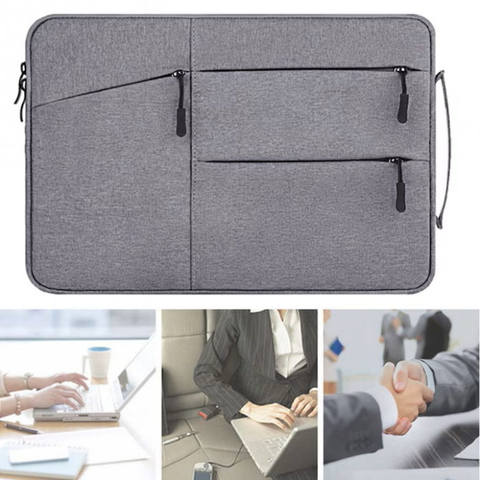 Geanta pentru laptop VarioShop®, 13.3 inch, rezistenta la apa, 4 buzunare, compatibila cu Apple MacBook Air, MacBook Pro Touch Bar, Dell, Asus, 35 x 24 x 2.5 cm, Gri [10]