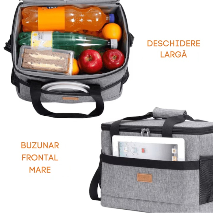 Geanta termica mare 20l VarioShop®, pentru plaja, picnic sau calatorii, tesatura oxford impermeabila, interior izolat cu spuma EVA, 2 pachete racire, curea reglabila si manere rezistente [6]