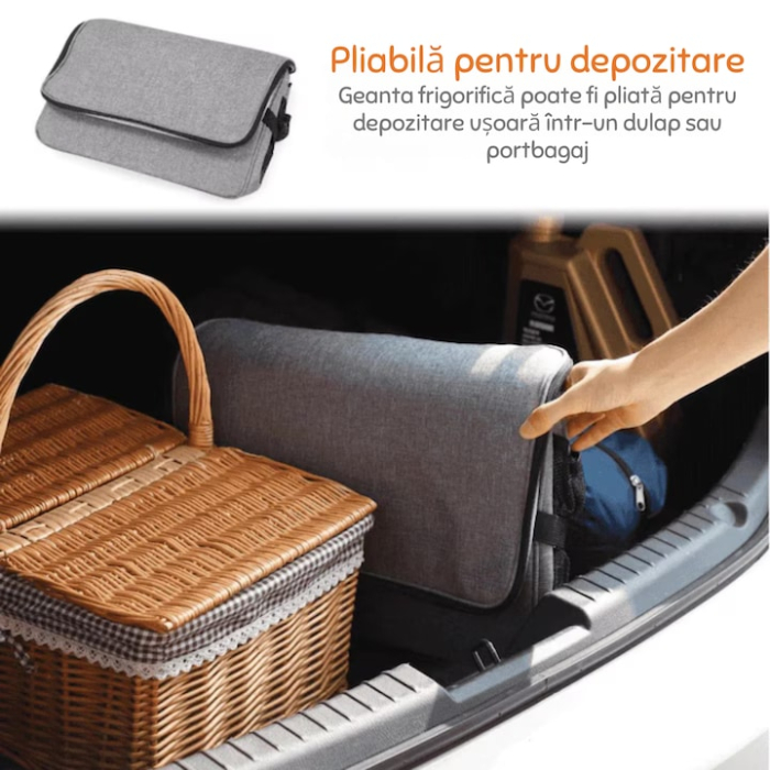 Geanta termica mare 40l VarioShop®, pentru plaja sau calatorii, tesatura impermeabila, interior izolat cu spuma, 2 pachete racire, curea reglabila si manere rezistente, 47 x 28.5 x 30 cm, Gri [4]