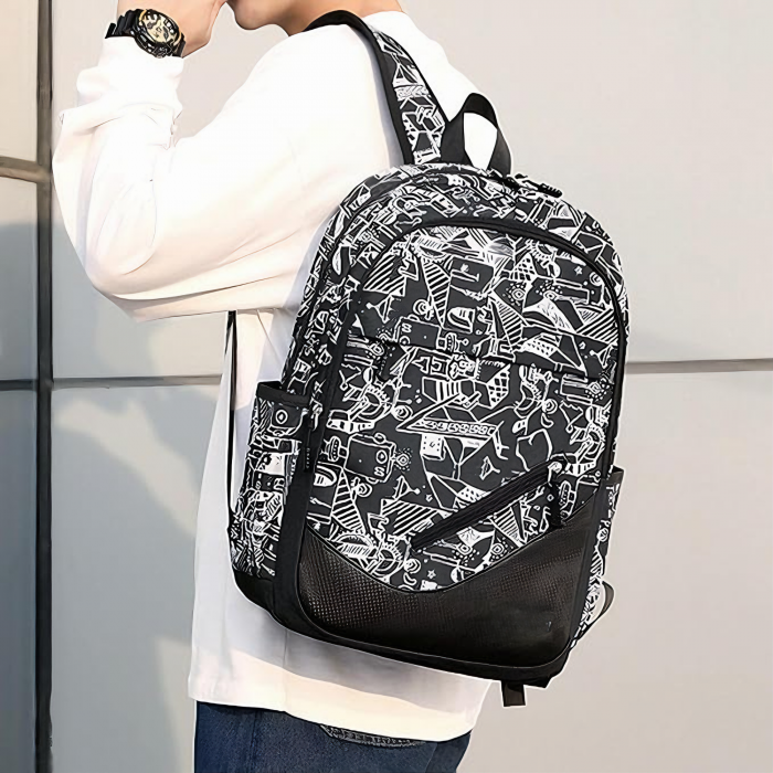 Ghiozdan adolescenti VarioShop®, potrivit pentru Scoala, Calatorii si Activitati Zilnice, cu 3 buzunare, prelungitor incarcare USB, mufa Jack pentru casti, lacat cu cifru, penar, model abstract alb cu [6]